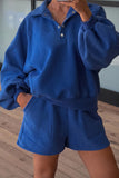 Dark blue half button puff sleeve pullover and shorts 2-piece set, front view