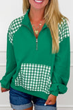 Dark green gingham patchwork quarter zip sweatshirt with kangaroo pocket, front