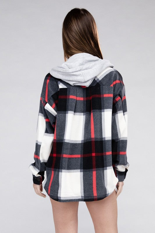 Women Plaid Drawstring Hooded Soft Fleece Shacket | Zarnesh