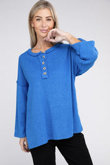 Women Ribbed Brushed Melange Hacci Henley Sweater | Zarnesh