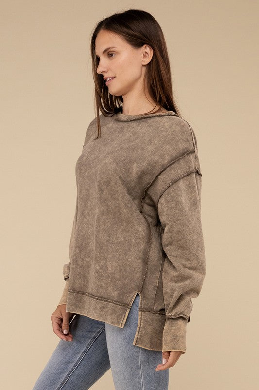 Women Acid Wash French Terry Exposed-Seam Sweatshirt | Zarnesh