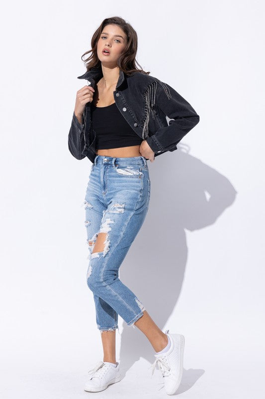 Women Crop Denim Jacket With Rhinestone Fringe | Zarnesh