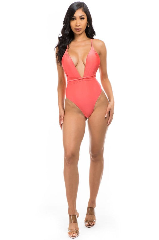 Women Halter Neck Crisscross Straps One Piece Bathing Suit Zarnesh