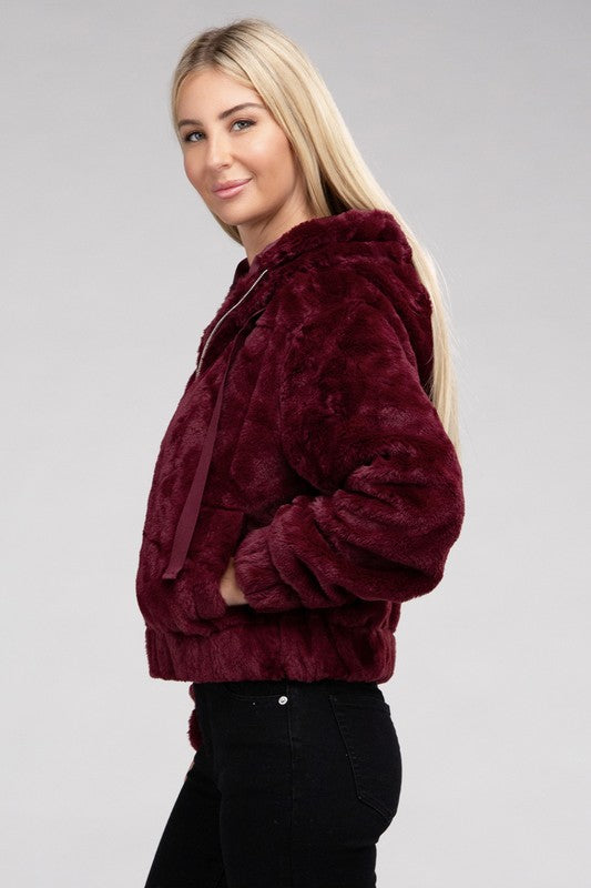 Women Fluffy Texture Zip-Up Teddy Hoodie Sweater | Zarnesh