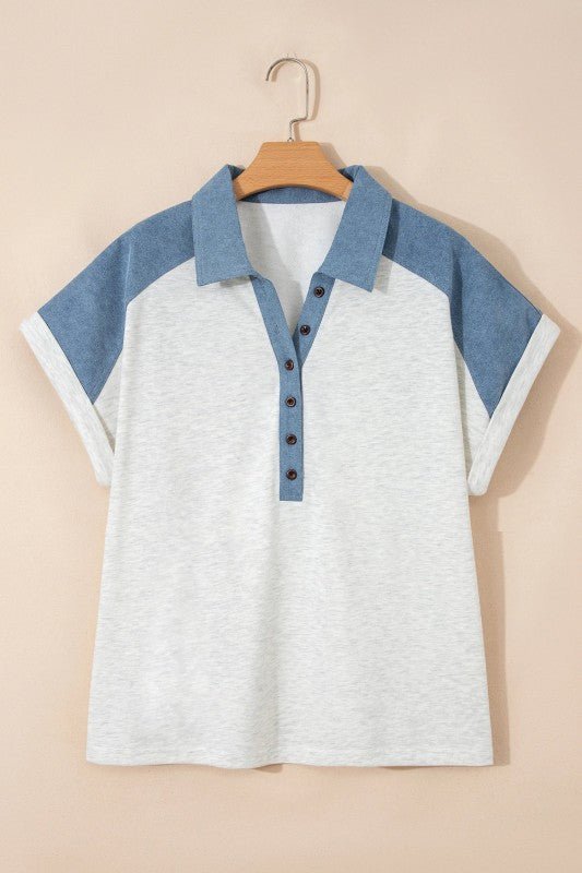 Denim Plus Size Patchwork Cuffed Sleeves Polo Tee | Zarnesh