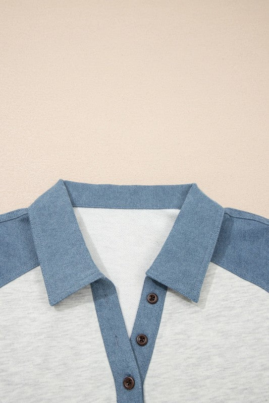 Denim Plus Size Patchwork Cuffed Sleeves Polo Tee | Zarnesh