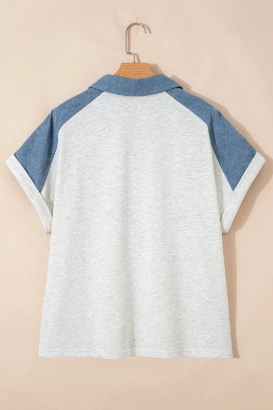 Denim Plus Size Patchwork Cuffed Sleeves Polo Tee | Zarnesh