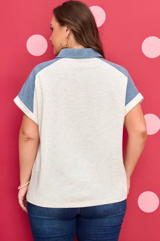 Denim Plus Size Patchwork Cuffed Sleeves Polo Tee | Zarnesh