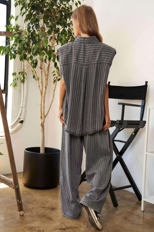 Women Stripe Button Down Shirt and Long Pants Set | Zarnesh