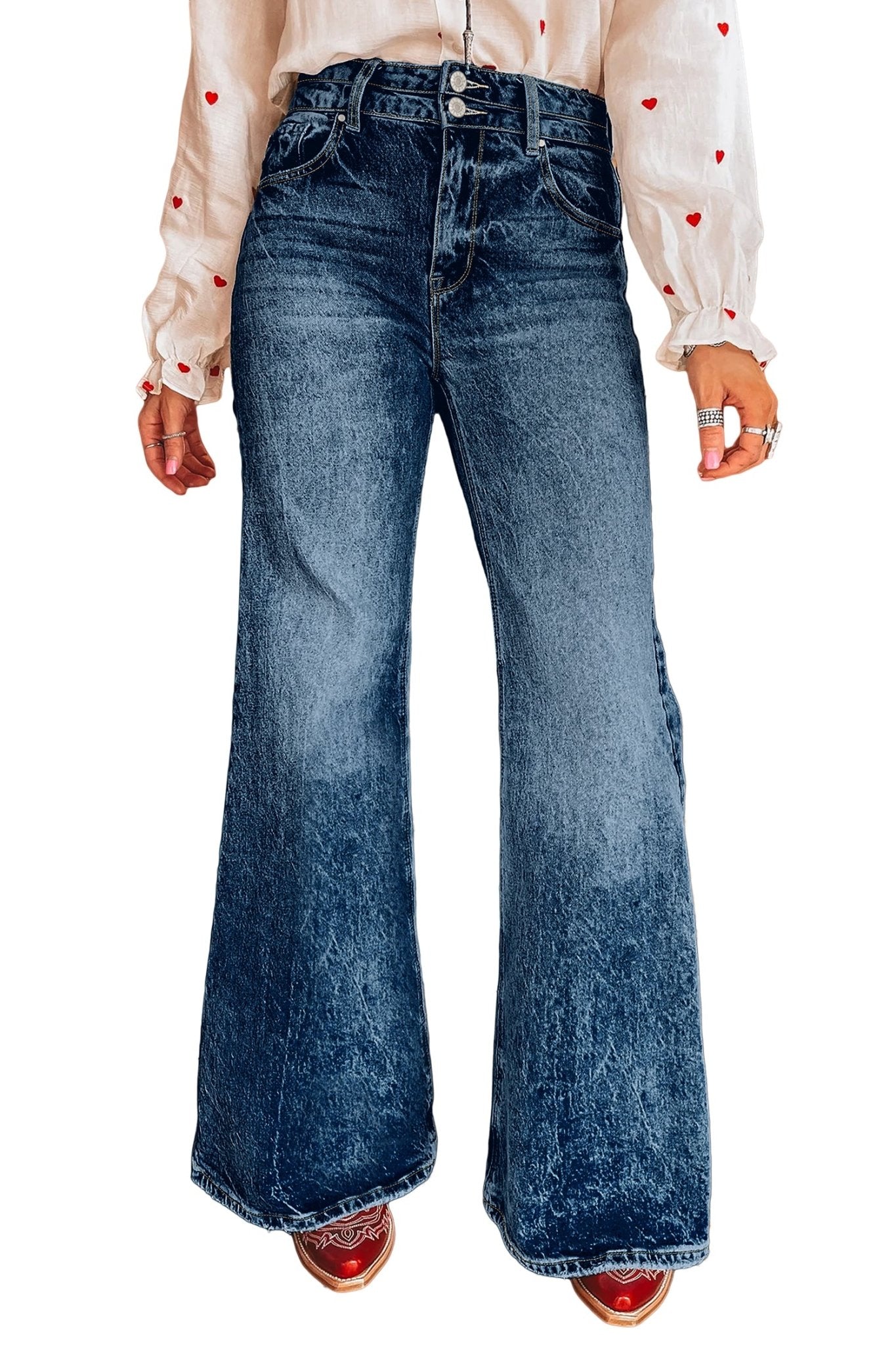 Double Button High Rise Waisted Flare Jeans | Zarnesh