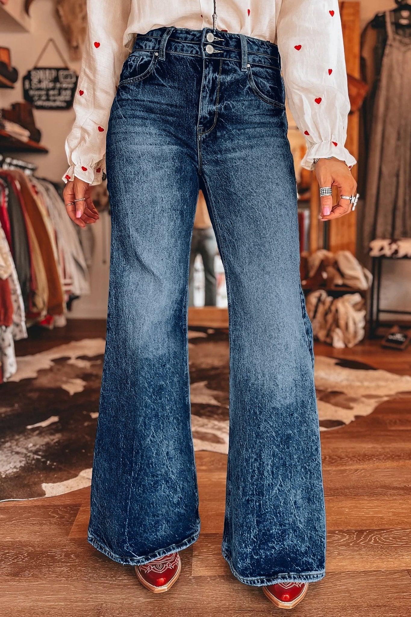 Double Button High Rise Waisted Flare Jeans | Zarnesh