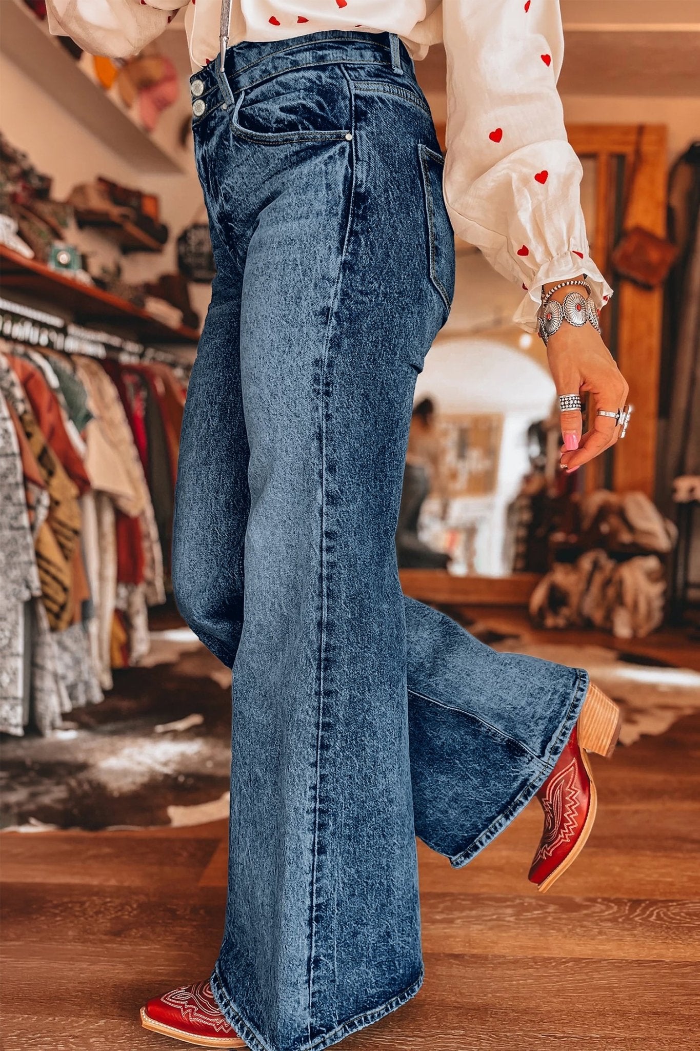 Double Button High Rise Waisted Flare Jeans | Zarnesh