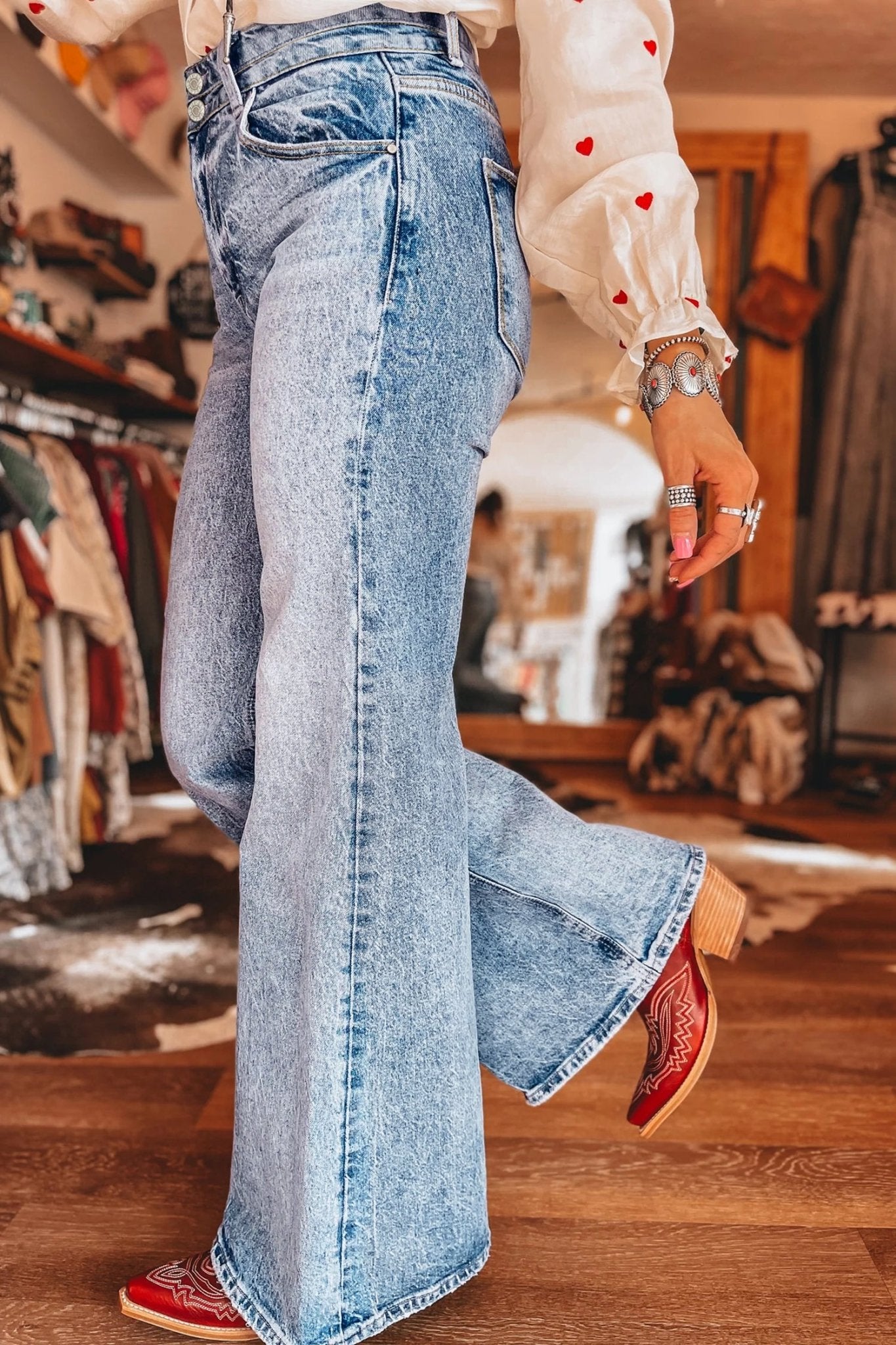 Double Button High Rise Waisted Flare Jeans | Zarnesh