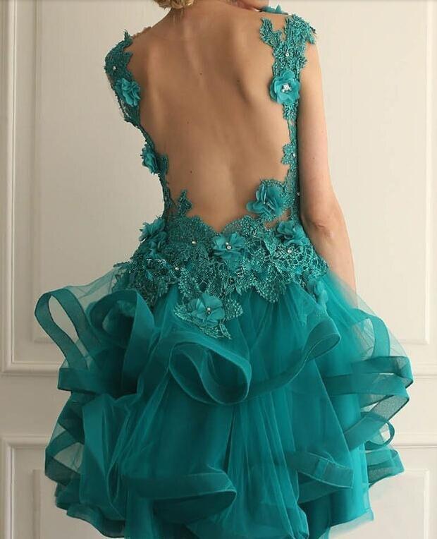 Teal lace dress with a backless design on a neutral background