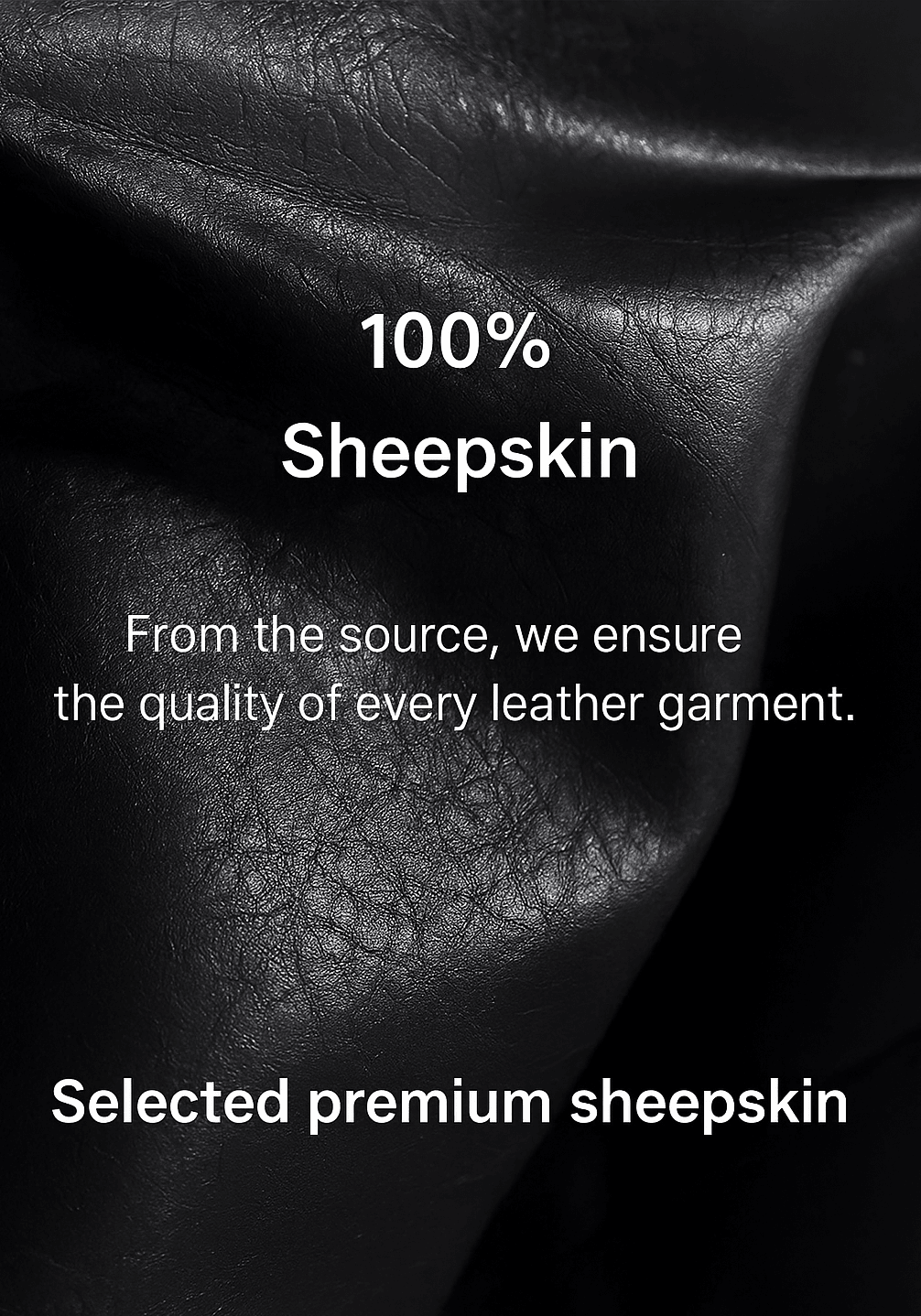 Close-up of sheepskin leather with text highlighting 100% sheepskin quality assurance.
