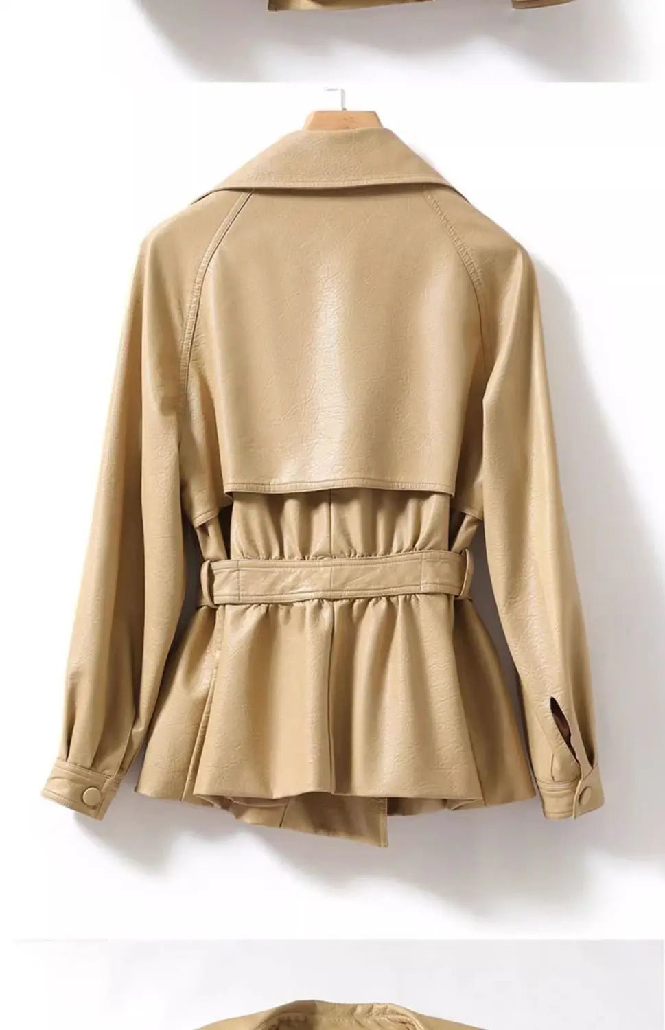 Beige trench coat on a mannequin against a white background