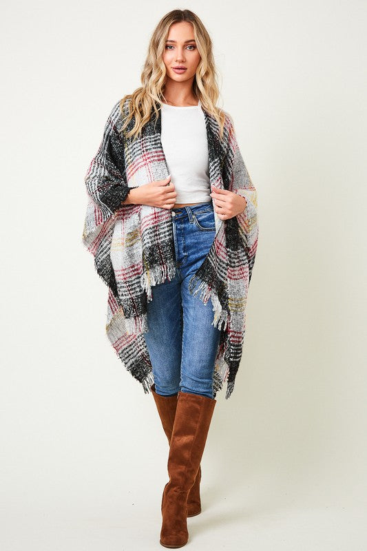 Women Multi Color Plaid Fringe Trim Poncho Shawl | Zarnesh