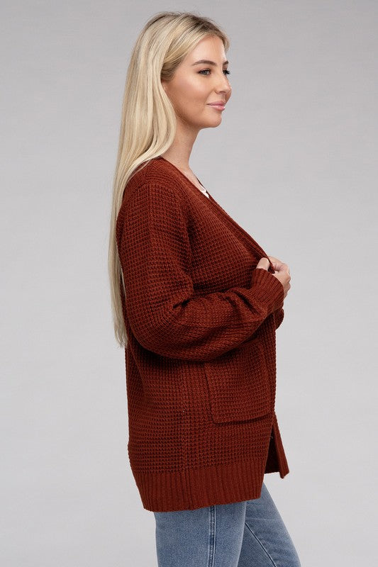Women Low Gauge Waffle Open Cardigan Sweater | Zarnesh