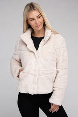 Women Fluffy Zip-Up Functional Pockets Sweater Jacket | Zarnesh