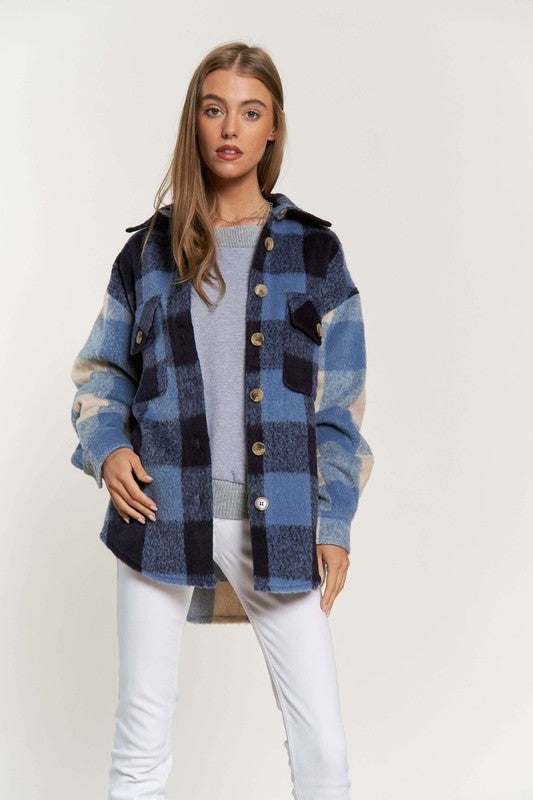 Women Plaid Chest Pocket Detail Shacket - Blue Multi  | Zarnesh