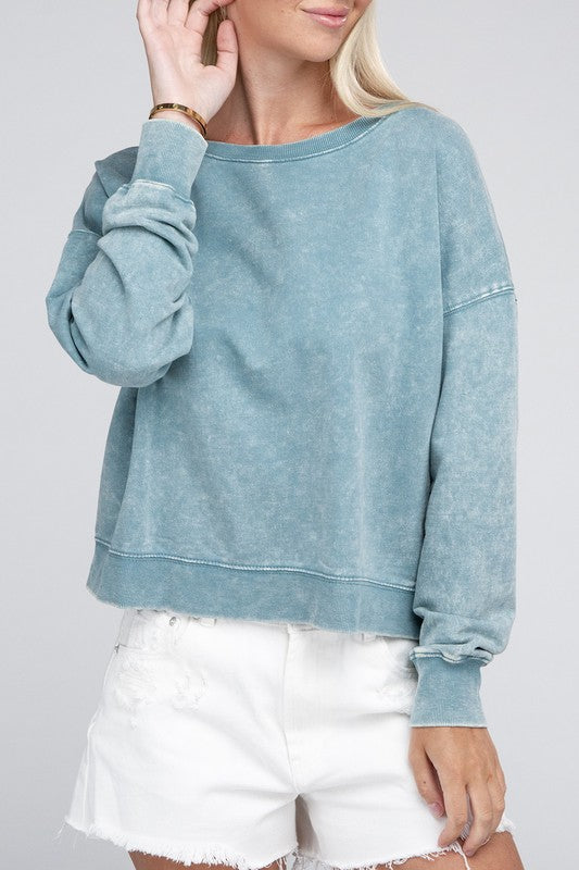  Women's  French Terry Acid Wash Boat Neck Pullover | Zarnesh