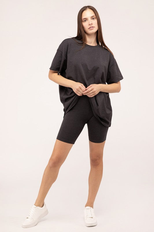 Cotton Round Neck Top & Biker Shorts Set - Casual Matching Sets | Zarnesh