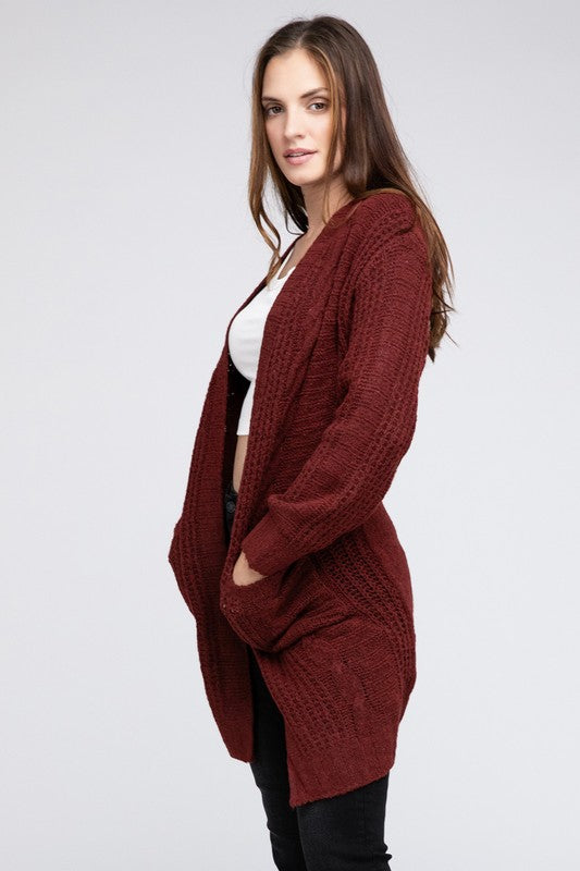 Women Twist Knitted Open Front Cardigan with Pockets | Zarnesh