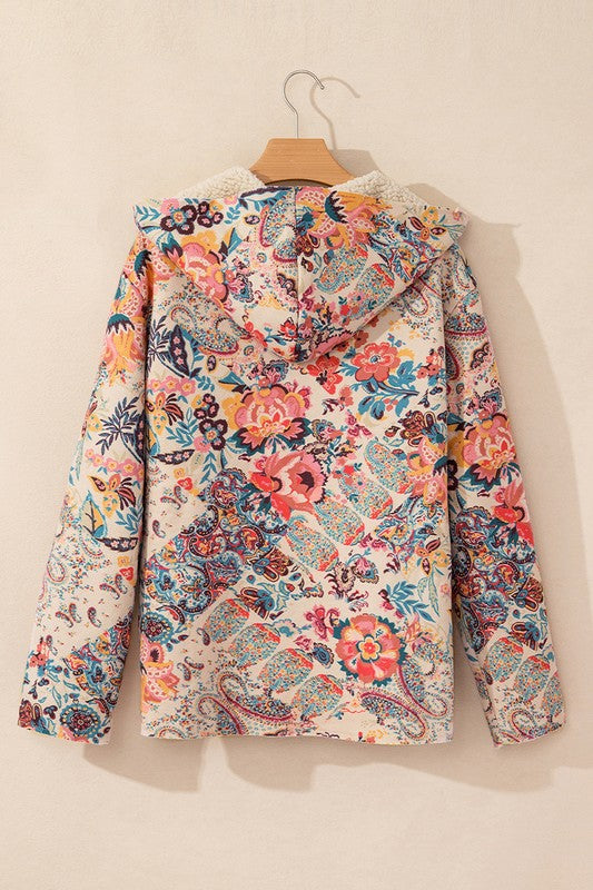 Women Floral Printed Sherpa Lined Hooded Jacket | Zarnesh