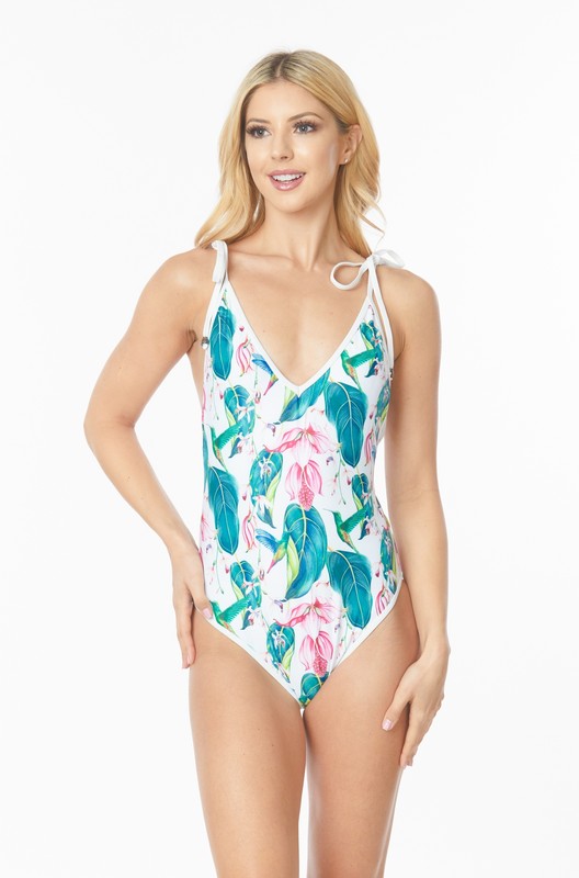 Women One Piece Bathing Suit Floral Print Shoulder Top Tie | Zarnesh