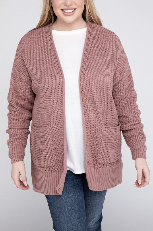 Women Plus Low Gauge Waffle Open Cardigan Sweater | Zarnesh