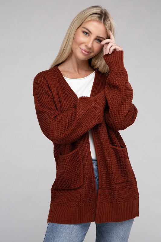Women Low Gauge Waffle Open Cardigan Sweater | Zarnesh