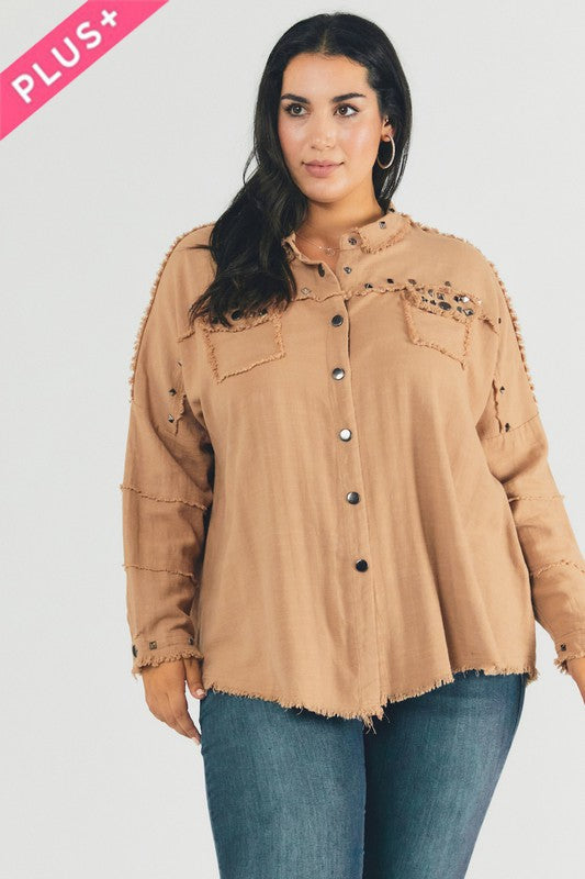 Women’s Plus Distressed Hem Button Down Oversize Shirt | Zarnesh