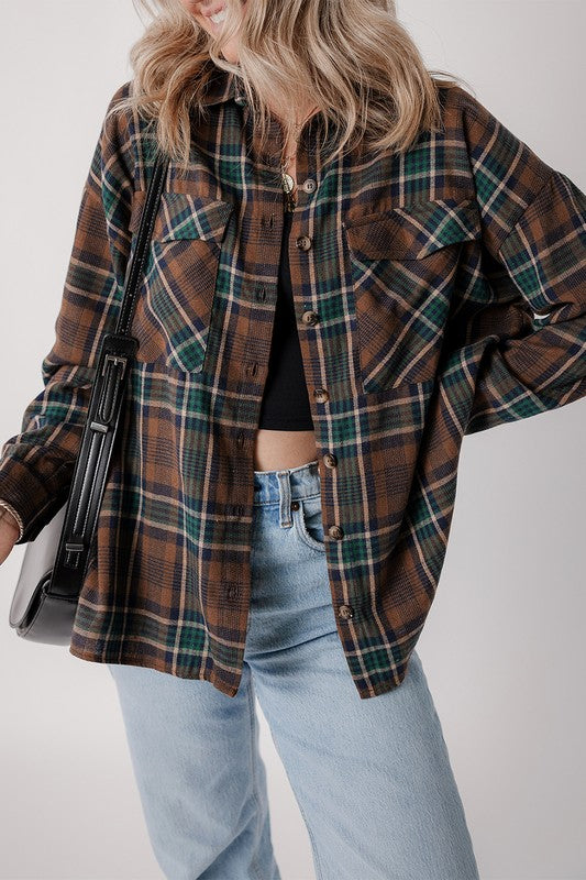 Women Plaid Print Pockets Buttoned Shirt Jacket | Zarnesh