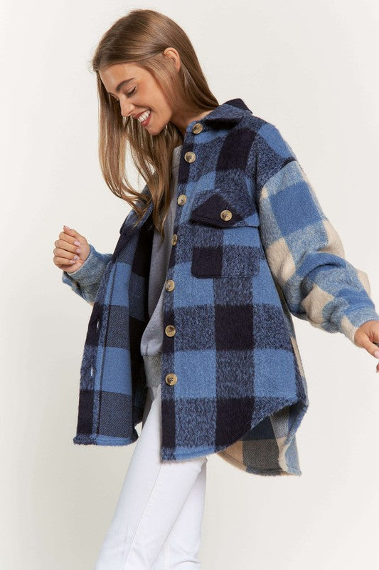 Women Plaid Chest Pocket Detail Shacket - Blue Multi  | Zarnesh