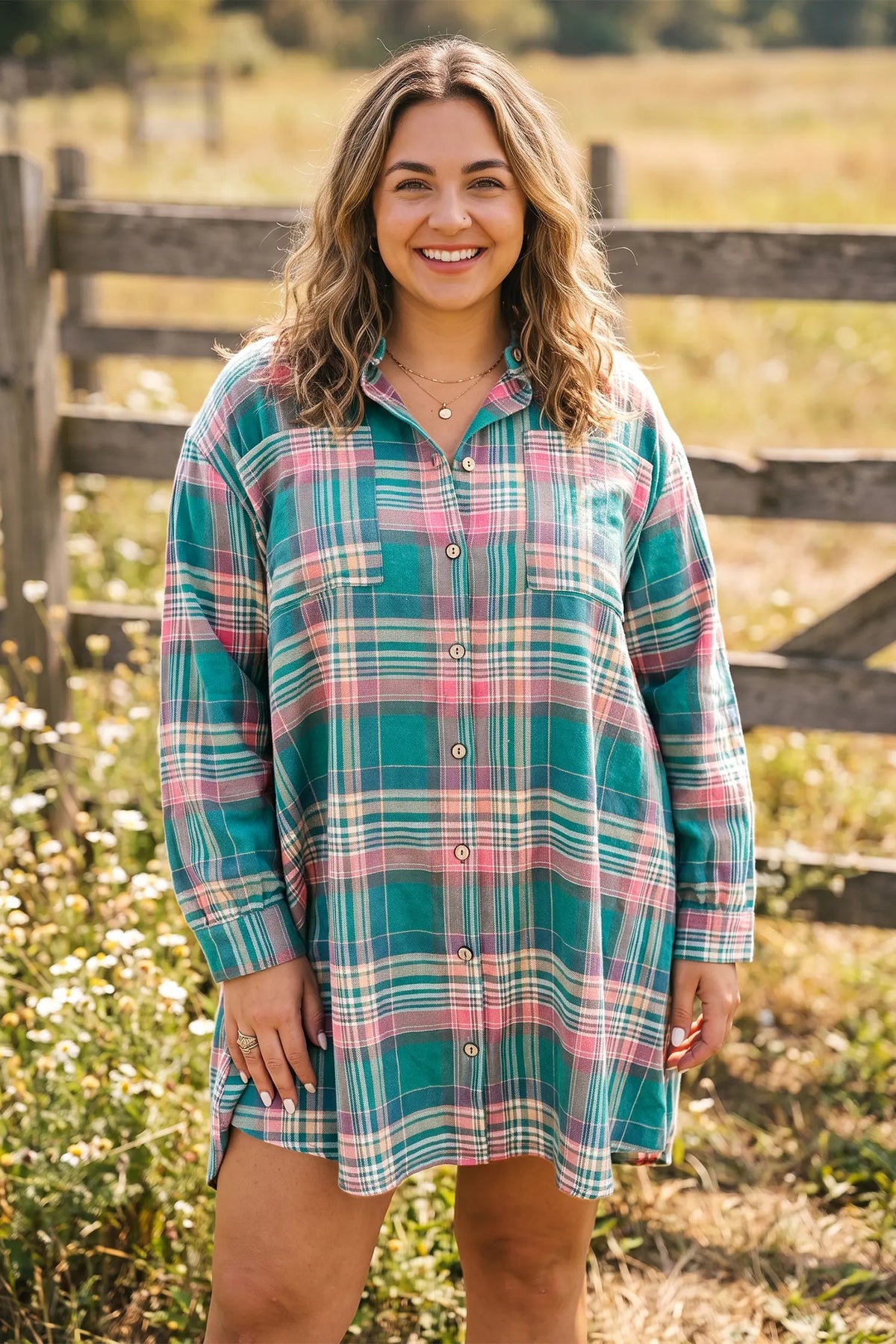 A woman wearing a teal, pink, and white plaid button-down shirt dress, standing outdoors in front of a rustic wooden fence and grassy field.