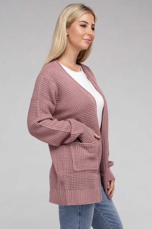 Women Low Gauge Waffle Open Cardigan Sweater | Zarnesh