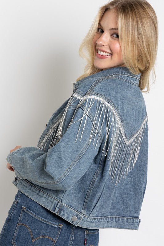 Women Crop Denim Jacket With Rhinestone Fringe | Zarnesh