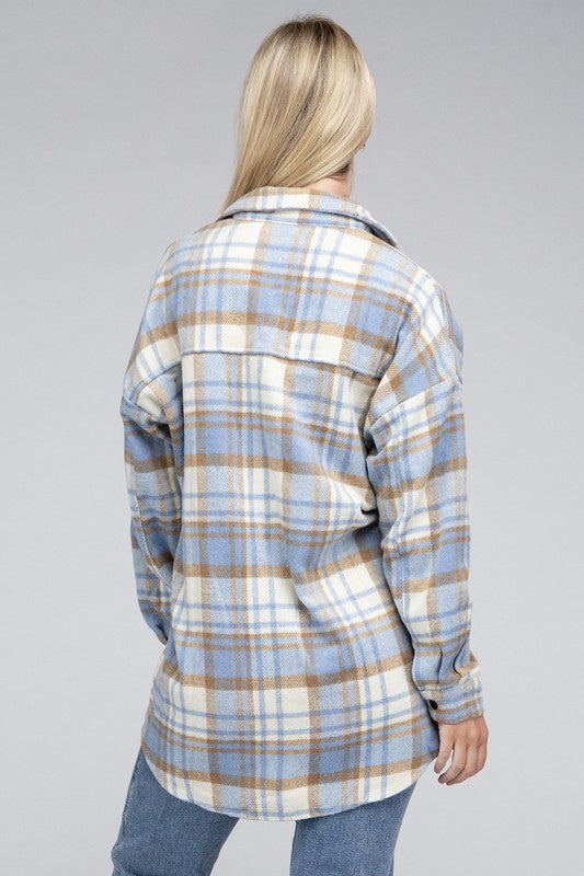 Women Plaid Dropped Shoulder Buttons Flap Pocket Shacket Zarnesh