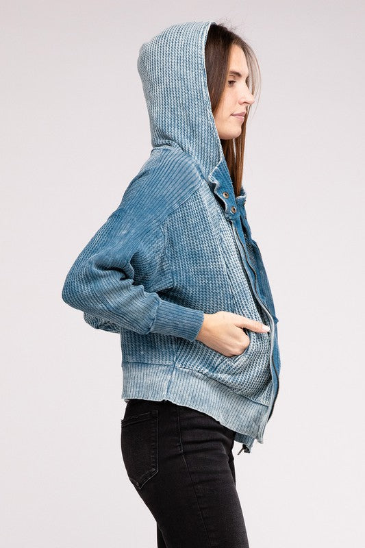 Women Acid Wash Cotton Waffle Hooded Zip Up Jacket | Zarnesh