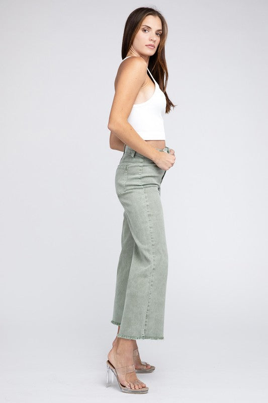 WOMEN'S Acid Wash Frayed Cutoff Hem Straight Wide Pants | ZARNESH