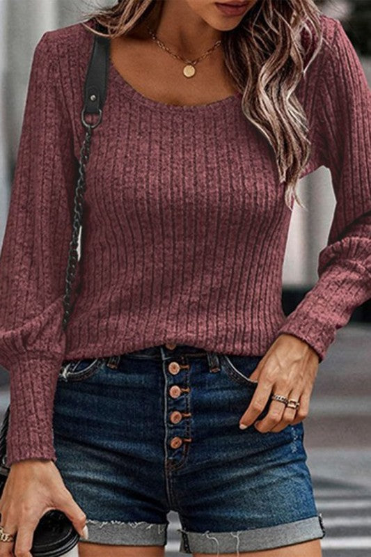 Women’s Mabel Ribbed Bishop Sleeve Round Neck Top | Zarnesh