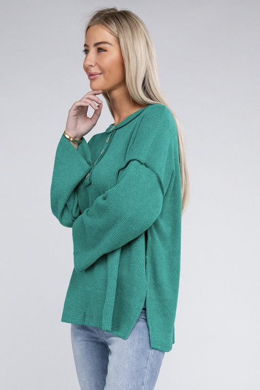 Women Ribbed Brushed Melange Hacci Henley Sweater | Zarnesh