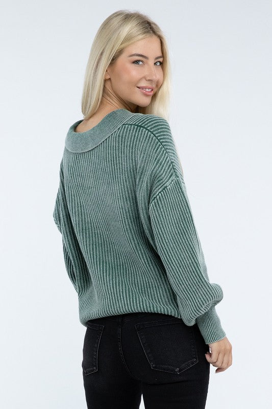 Women’s Washed Collared Henley Sweater | Zarnesh

