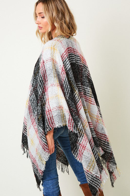 Women Multi Color Plaid Fringe Trim Poncho Shawl | Zarnesh