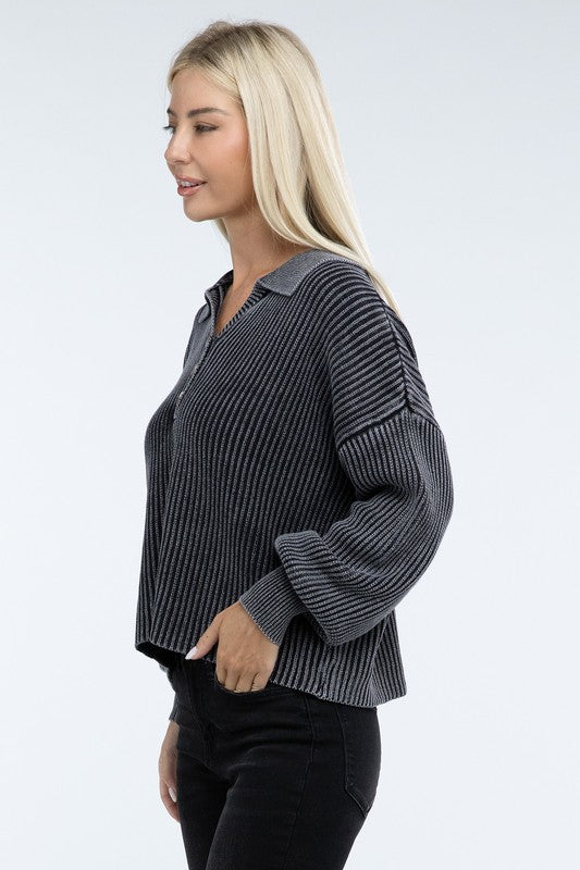 Women’s Washed Collared Henley Sweater | Zarnesh