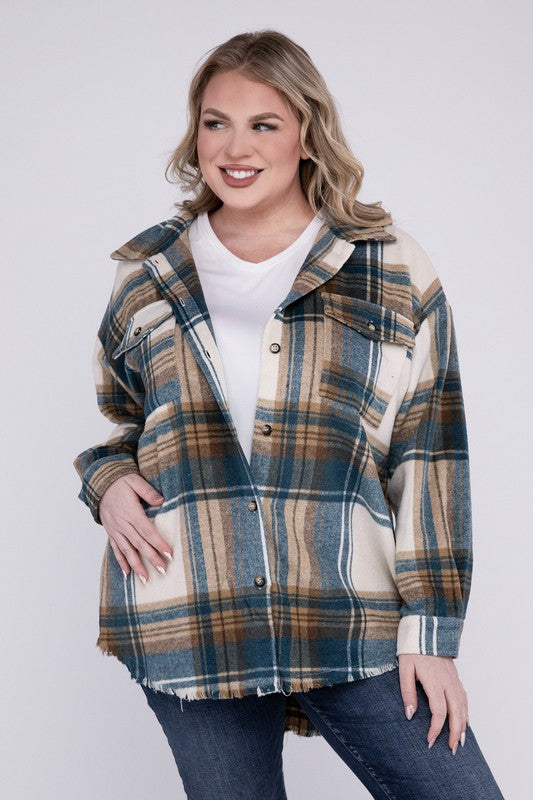 Women Plus Size Yarn Dyed Plaid Shirt Jacket | Zarnesh