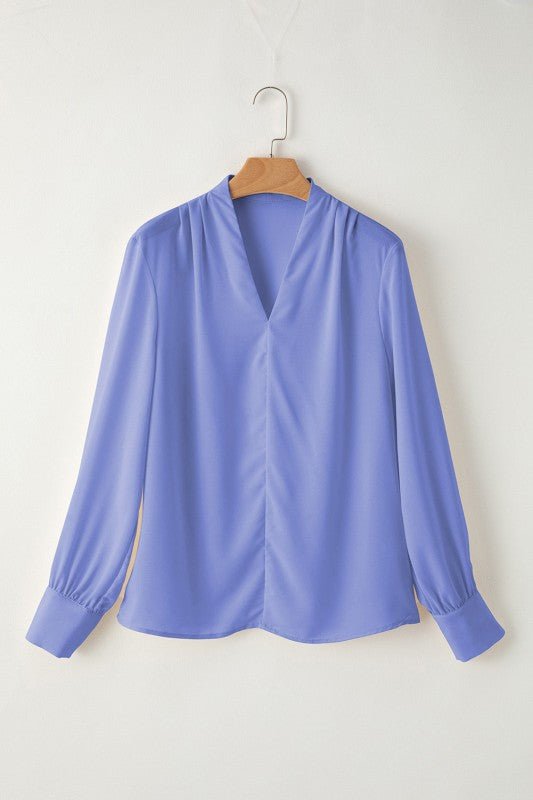 Elegant V-Neck Solid Pleated Long Sleeve Blouse | Zarnesh