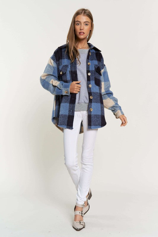 Women Plaid Chest Pocket Detail Shacket - Blue Multi  | Zarnesh