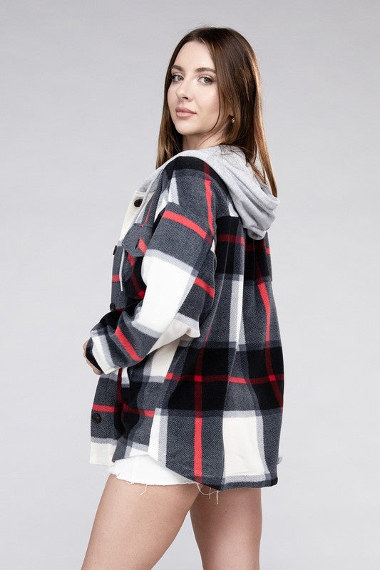 Women Plaid Drawstring Hooded Soft Fleece Shacket | Zarnesh