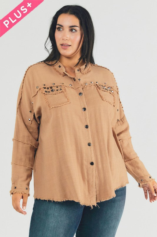 Women’s Plus Distressed Hem Button Down Oversize Shirt | Zarnesh